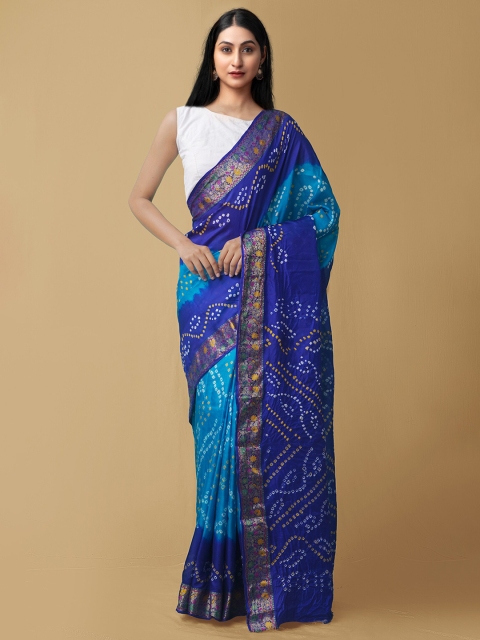 

Unnati Silks Blue & White Zari Pure Silk Bandhani Saree