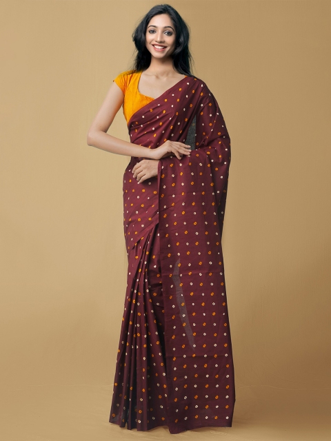 

Unnati Silks Brown & White Bandhani Printed Pure Cotton Saree