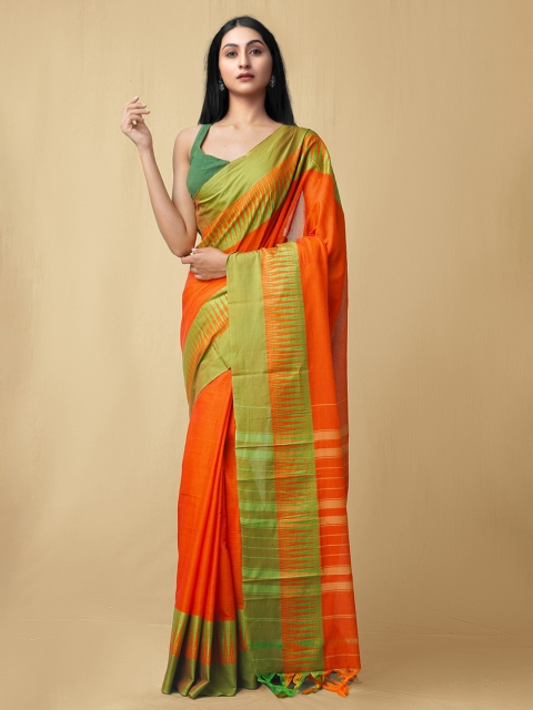 

Unnati Silks Orange & Green Solid Pure Cotton Narayanpet Saree