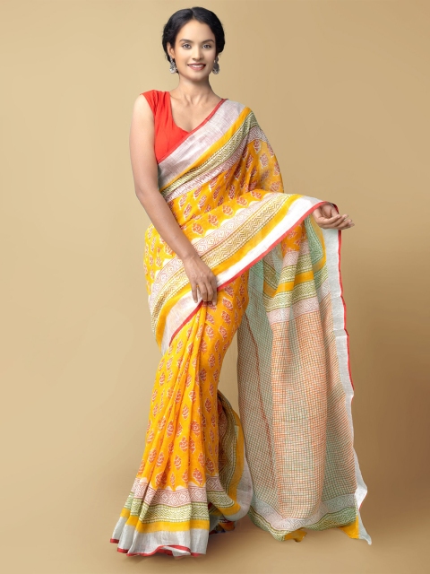 

Unnati Silks Orange & Silver-Toned Checked Zari Pure Linen Jamdani Saree