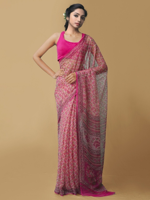 

Unnati Silks Pink & Green Floral Bhagalpuri Saree