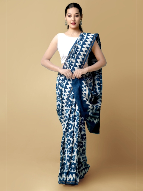 

Unnati Silks Blue & White Dabu Zari Silk Cotton Chanderi Saree