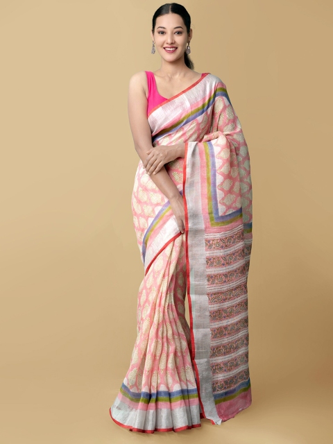 

Unnati Silks Pink & White Ethnic Motifs Zari Pure Linen Jamdani Saree