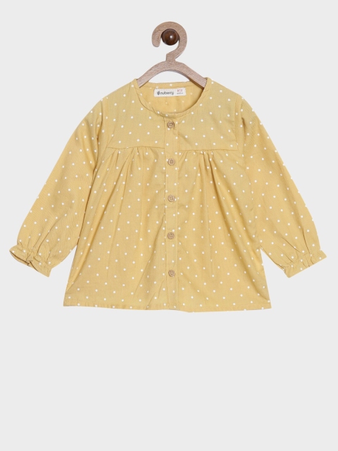 

Nuberry Girls Mustard Yellow & White Polka Dot Printed Pure Cotton A-Line Top