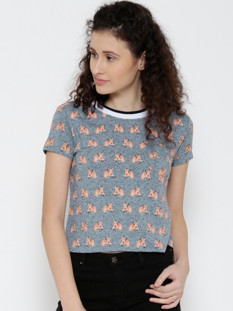 

Vero Moda Women Grey Printed Round Neck Crop T-Shirt