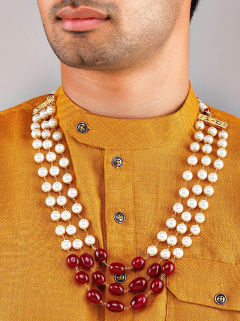 

Rubans Men White & Red Gold-Plated Layered Necklace