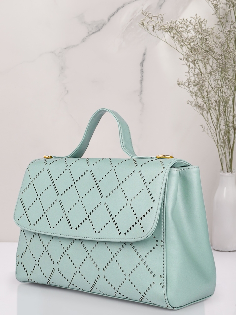 

Anouk Mint Green Textured Structured Satchel with Cut Work, Sea green