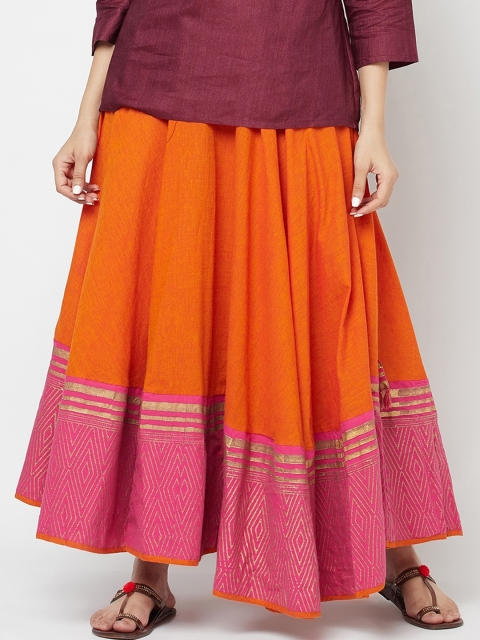 

Fabindia Women Orange & Pink Printed Pure Cotton Maxi Flared Skirt
