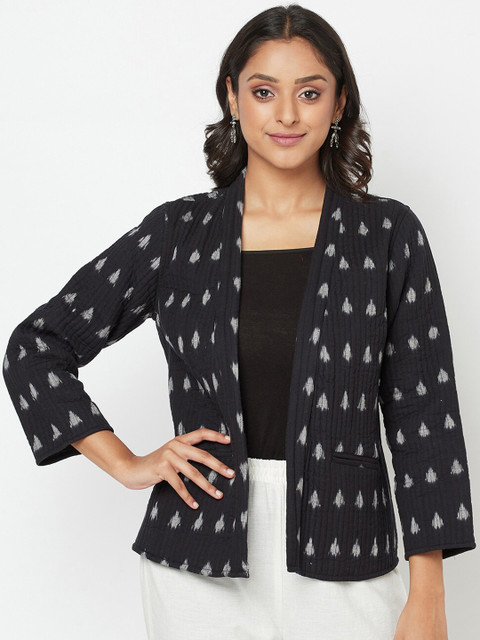 

Fabindia Women White Geometric Longline Open Front Jacket