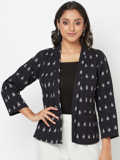 

Fabindia Women White Geometric Longline Open Front Jacket