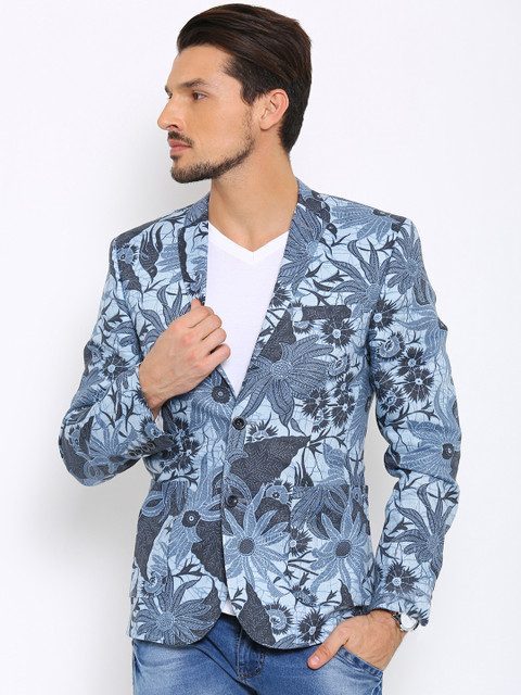 

Jack & Jones Men Blue Floral Printed Linen Single-Breasted Party Blazer