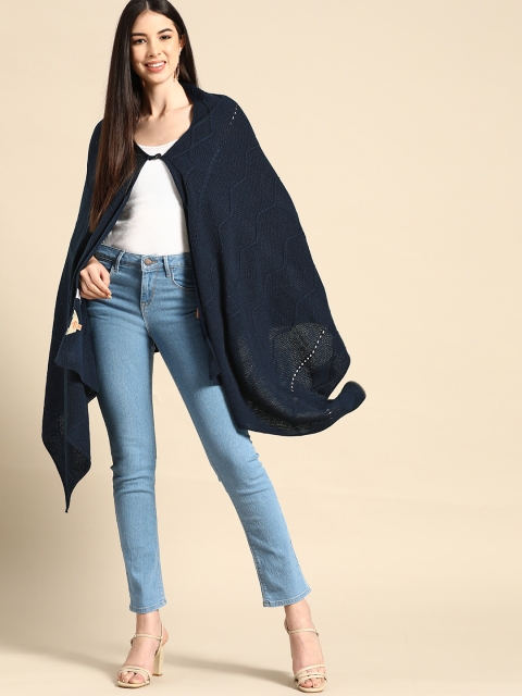 

Anouk Women Navy Blue Acrylic Self-Design Cape Style Waterfall Front Winter Shrug