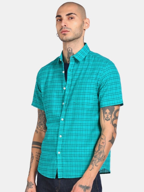 

Ruggers Men Turquoise Blue Checked Regular Fit Casual Shirt