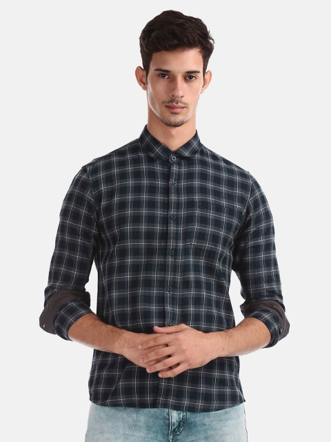 

Ruggers Men Grey & Navy Blue Pure Cotton Checked Casual Shirt