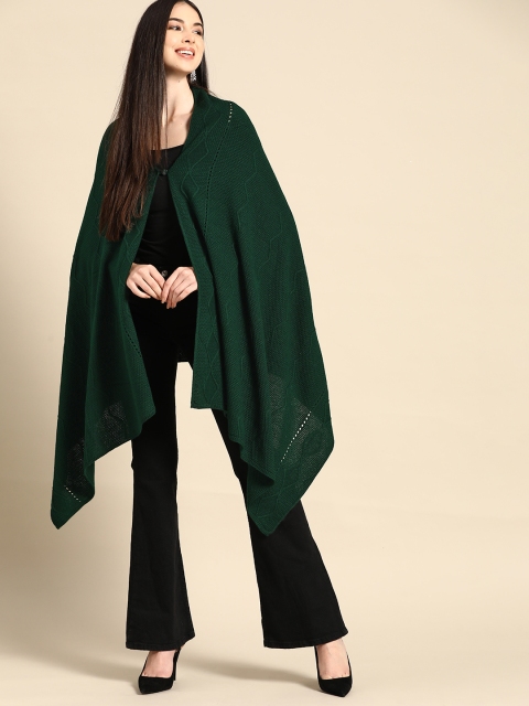 

Anouk Women Green Acrylic Self-Design Cape Style Waterfall Front Winter Shrug