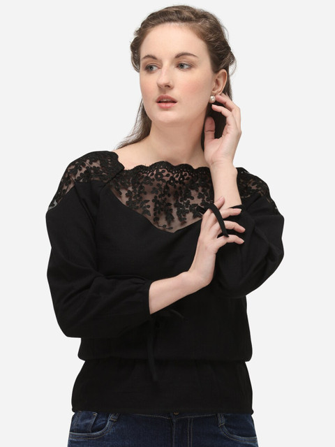 

Mesmora Black Embroidered Pure Cotton Blouson Top
