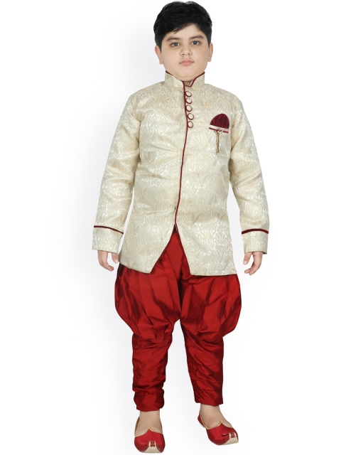 

SG YUVRAJ Boys Cream-Coloured & Red Sherwani Set
