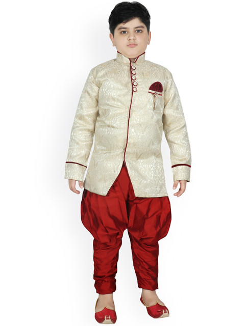 

SG YUVRAJ Boys Cream & White Woven Design Sherwani Set