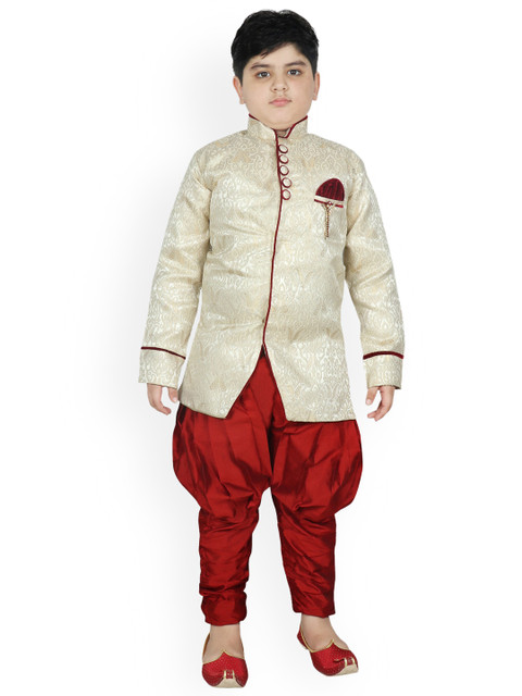 

SG YUVRAJ Boys Cream & White Woven Design Sherwani Set