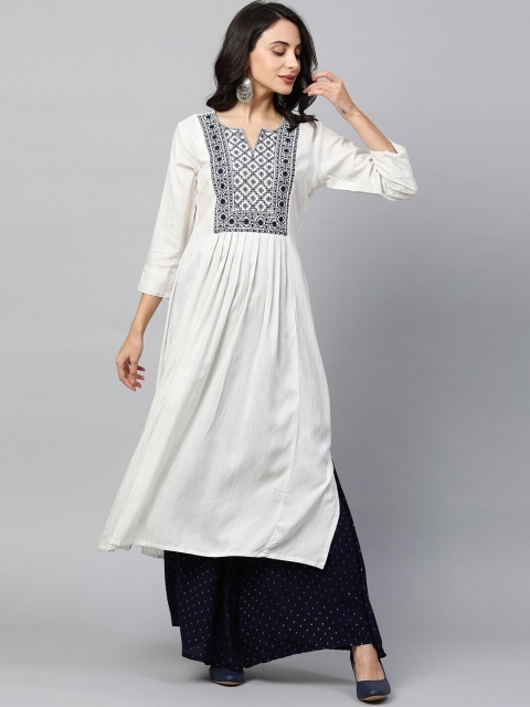 

FASHOR Women Off White Geometric Yoke Design Keyhole Neck Flared Sleeves Thread Work Anarkali Kurta