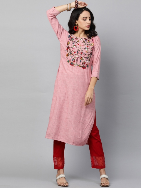 

FASHOR Women Pink Keyhole Neck Thread Work Kurta