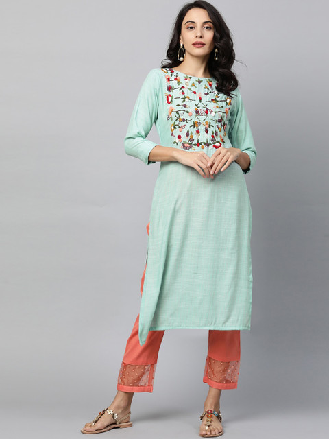 

FASHOR Women Sea Green Yoke Design Keyhole Neck Thread Work Kurta