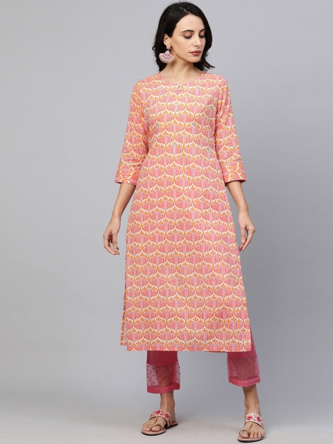 

FASHOR Women Pink Paisley Printed Flared Sleeves Gotta Patti Anarkali Kurta