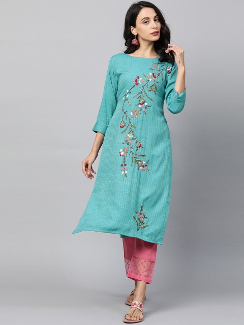 

FASHOR Women Turquoise Blue Floral Embroidered Thread Work Kurta