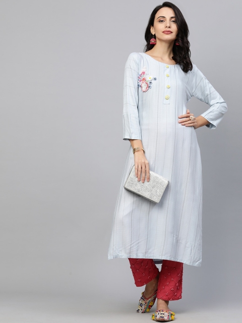 

FASHOR Women Blue Striped Flared Sleeves Thread Work Anarkali Kurta