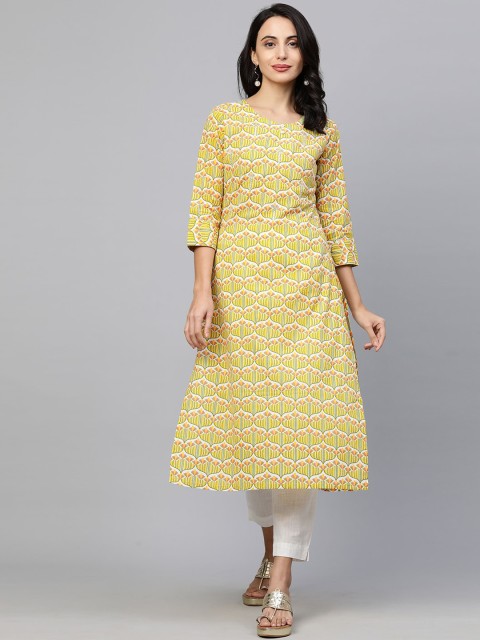 

FASHOR Women Yellow Geometric Embroidered Keyhole Neck Thread Work Kurta