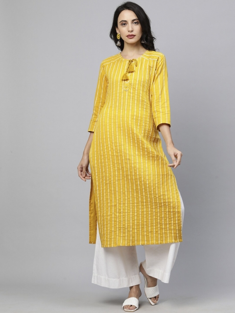 

FASHOR Women Mustard Yellow Striped Anarkali Kurta