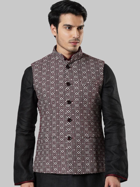 

Ethnix by Raymond Men Maroon & White Woven Nehru Jacket