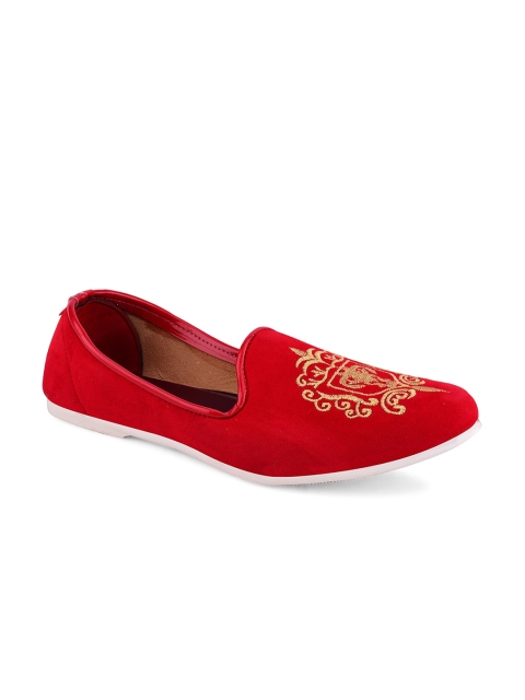 

DESI COLOUR Men Red Embroidered Suede Loafers