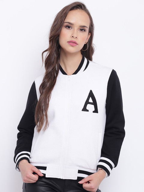 

Texco Women White & Black Fleece Varsity Jacket with Patchwork