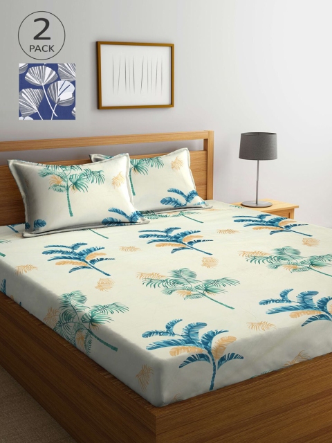 

KLOTTHE Cream-Coloured & Blue Floral 210 TC 2 King Bedsheet with 4 Pillow Covers