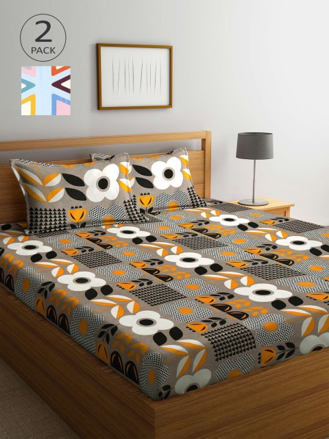 

KLOTTHE Grey & Blue Floral 210 TC 2 King Bedsheets with 4 Pillow Covers