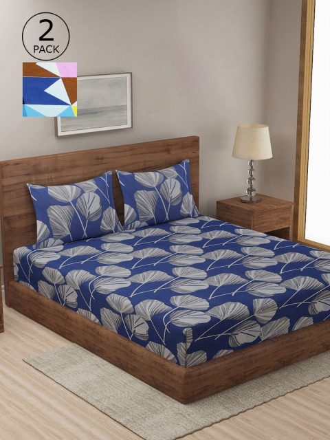 

KLOTTHE Blue & Grey Floral 210 TC 2 King Bedsheets with 4 Pillow Covers