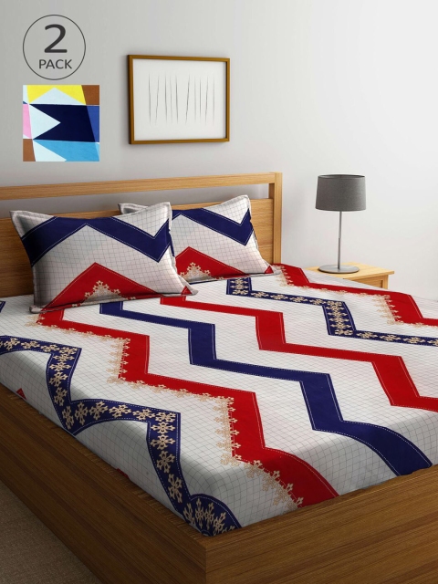

KLOTTHE Blue & Off White Geometric 210 TC 2 King Bedsheets with 4 Pillow Covers