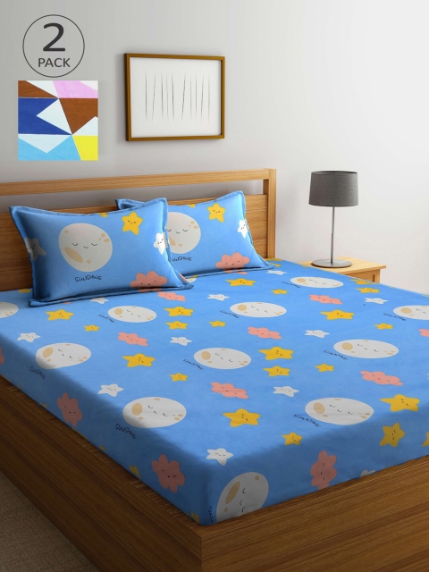 

KLOTTHE Blue & Yellow 210 TC Set Of 2 King Bedsheet with 4 Pillow Covers