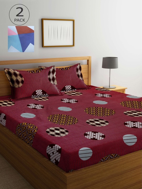 

KLOTTHE Maroon & Blue Geometric 210 TC 2 King Bedsheets with 4 Pillow Covers