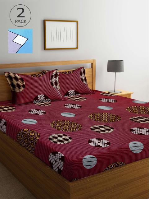 

KLOTTHE Maroon & Grey Geometric 210 TC 2 King Bedsheet with 4 Pillow Covers