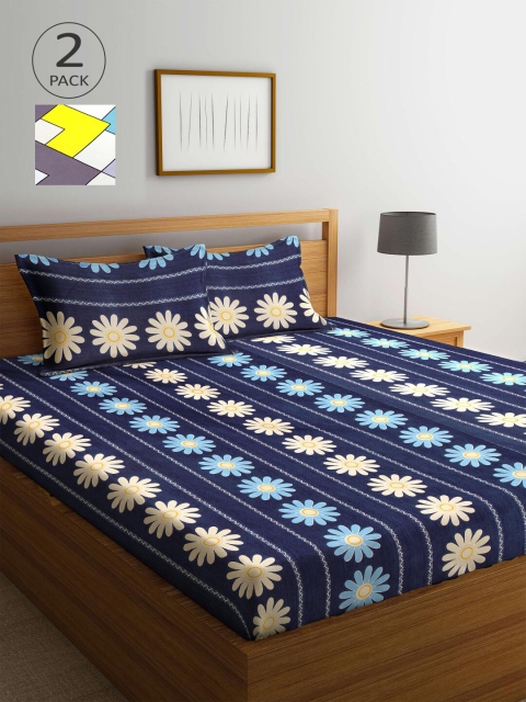 

KLOTTHE Blue & Grey Floral 210 TC 2 King Bedsheet with 4 Pillow Covers