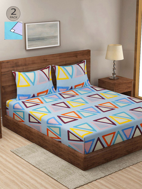 

KLOTTHE Blue & Yellow Geometric 210 TC 2 King Bedsheet with 4 Pillow Covers