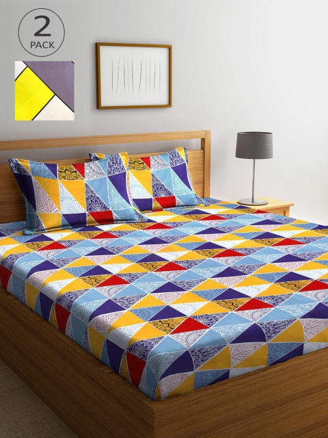 

KLOTTHE Blue & Grey Geometric 210 TC 2 King Bedsheet with 4 Pillow Covers