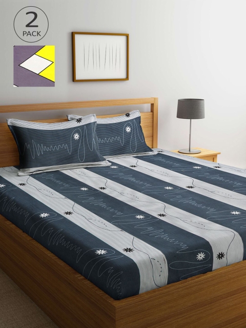 

KLOTTHE Grey Melange & Blue Geometric 210 TC 2 King Bedsheet with 4 Pillow Covers