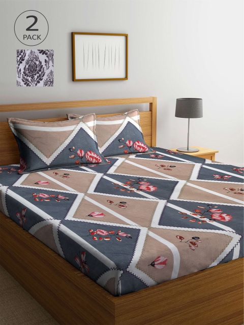 

KLOTTHE Brown & Grey Floral 210 TC 2 King Bedsheet with 4 Pillow Covers