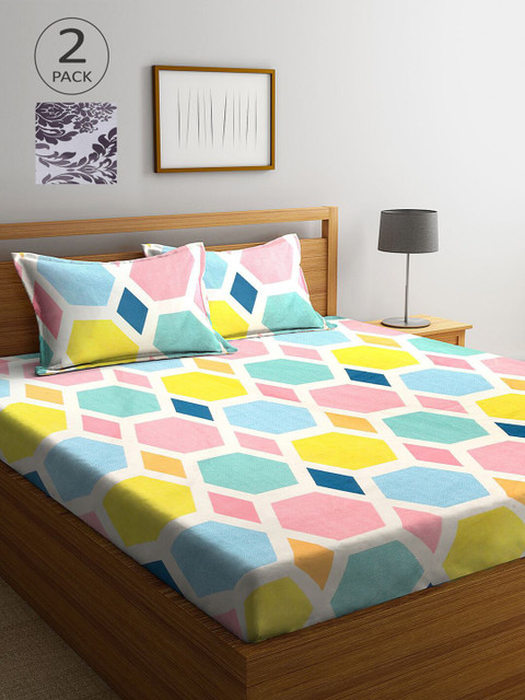 

KLOTTHE Blue & Yellow Geometric 210 TC 2 King Bedsheet with 4 Pillow Covers