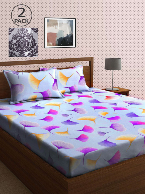 

KLOTTHE Grey & Lavender Floral 210 TC 2 King Bedsheet with 4 Pillow Covers