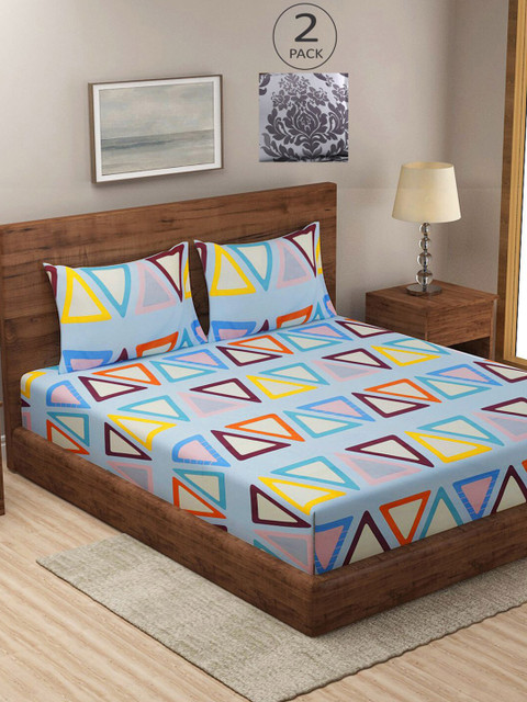 

KLOTTHE Blue & Orange Geometric 210 TC 2 King Bedsheet with 4 Pillow Covers