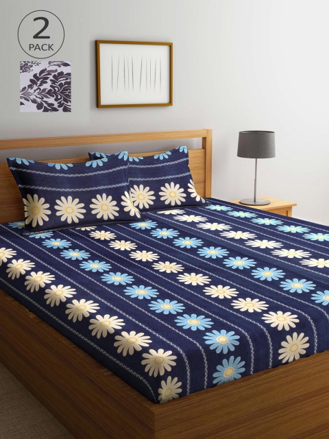 

KLOTTHE Blue & Grey Floral 210 TC 2 King Bedsheet with 4 Pillow Covers